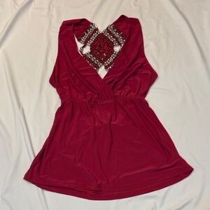 Venus Berry/Wine Red Draping V Neck Beaded Millennial Going Out Top, Small